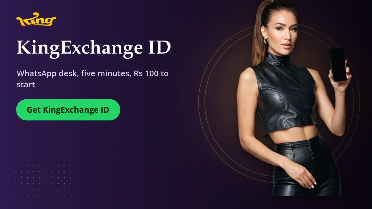 KingExchange ID — KingExchange banner: WhatsApp desk, five minutes, ₹100 to start
